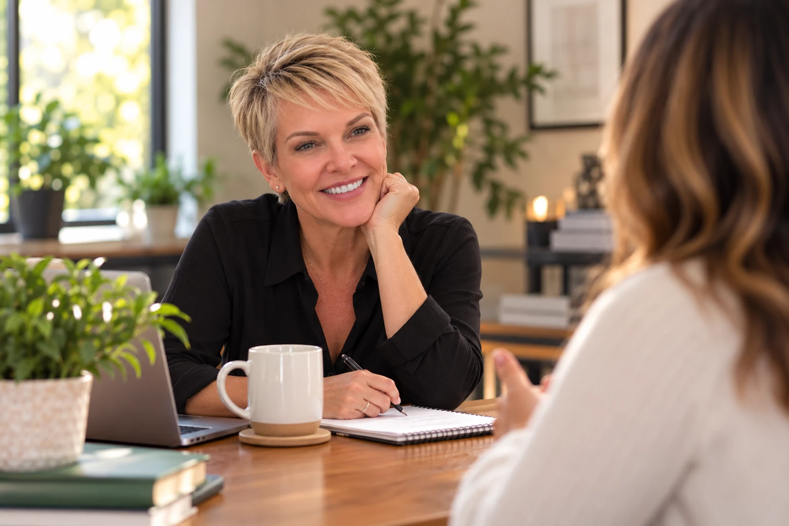 Maggie of Lacuna HR Collective speaking with a client over coffee