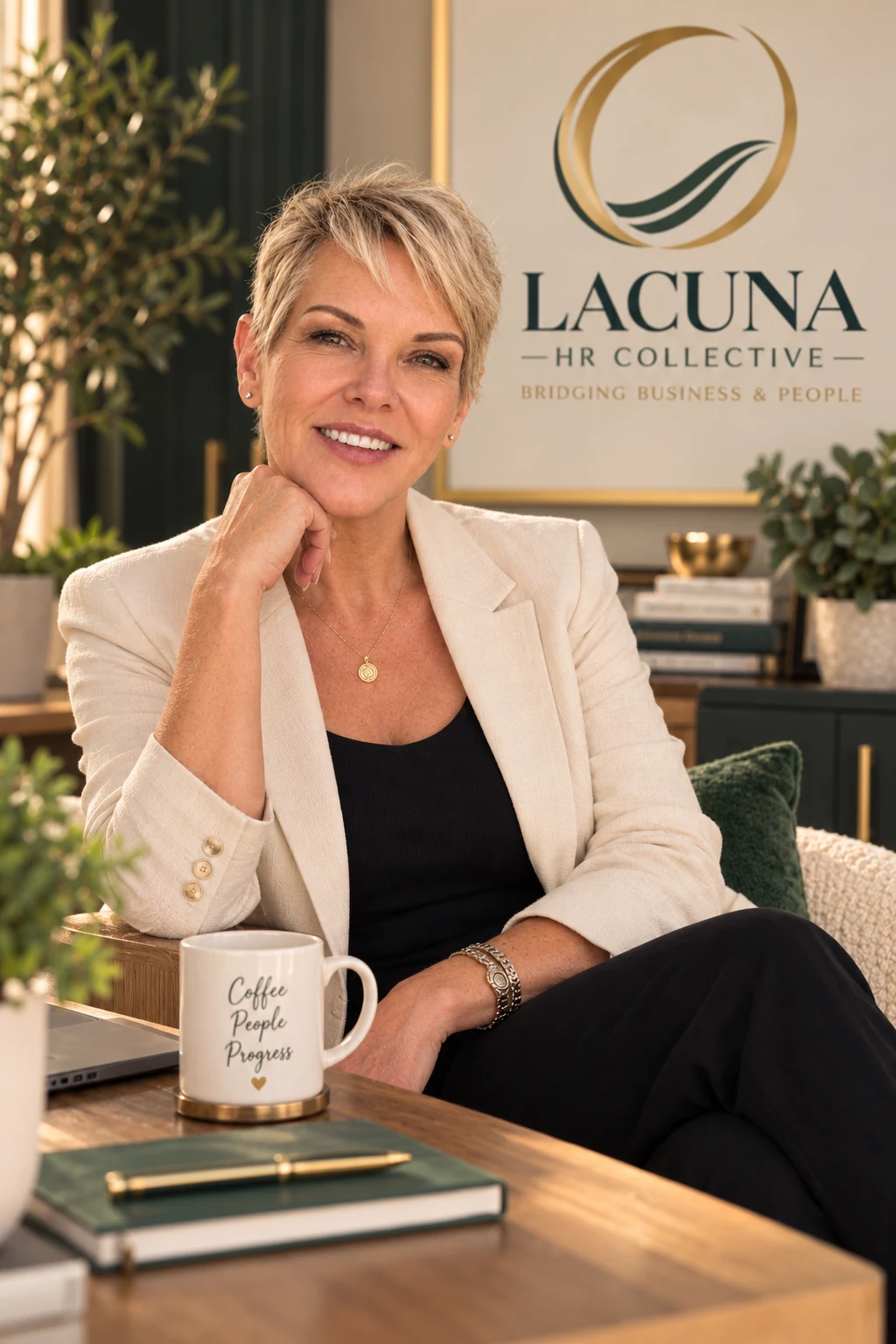 Maggie, founder of Lacuna HR Collective, smiling in a welcoming office